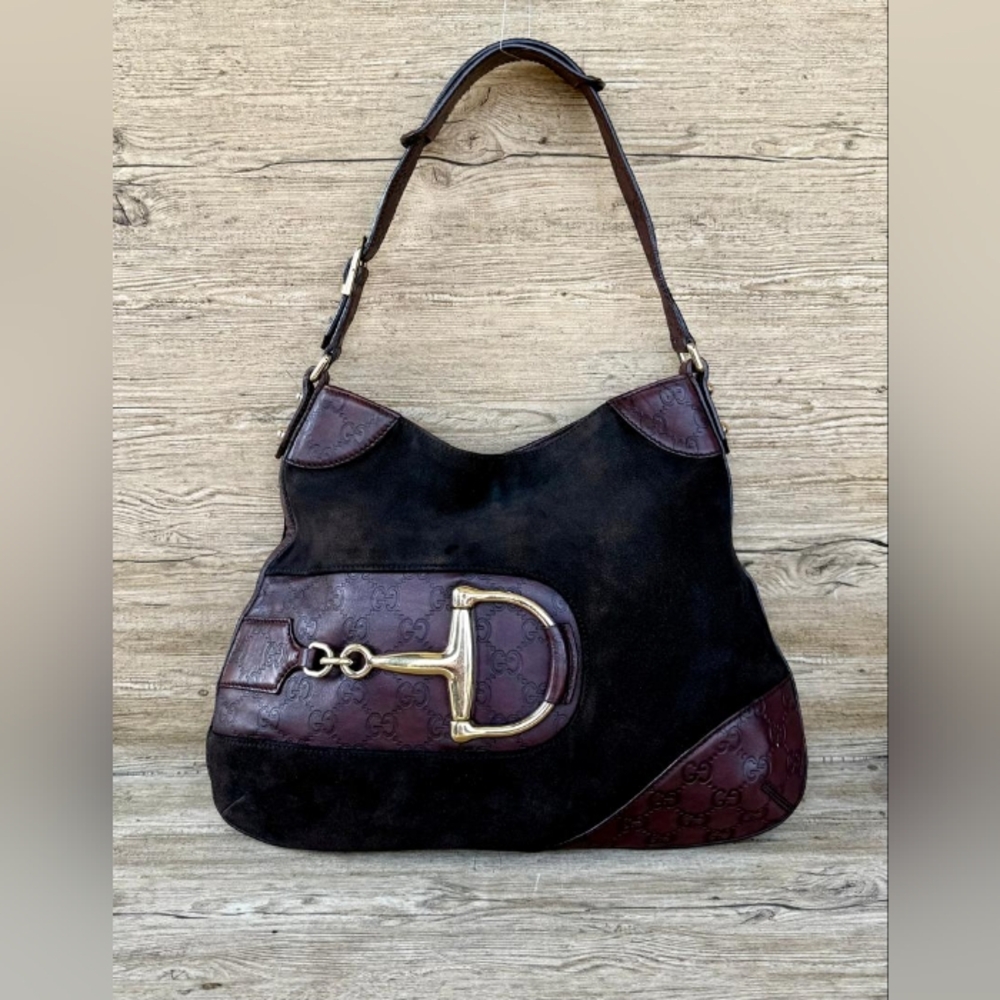 Gucci Ebony Suede and Guccissima Horsebit Hobo Bag